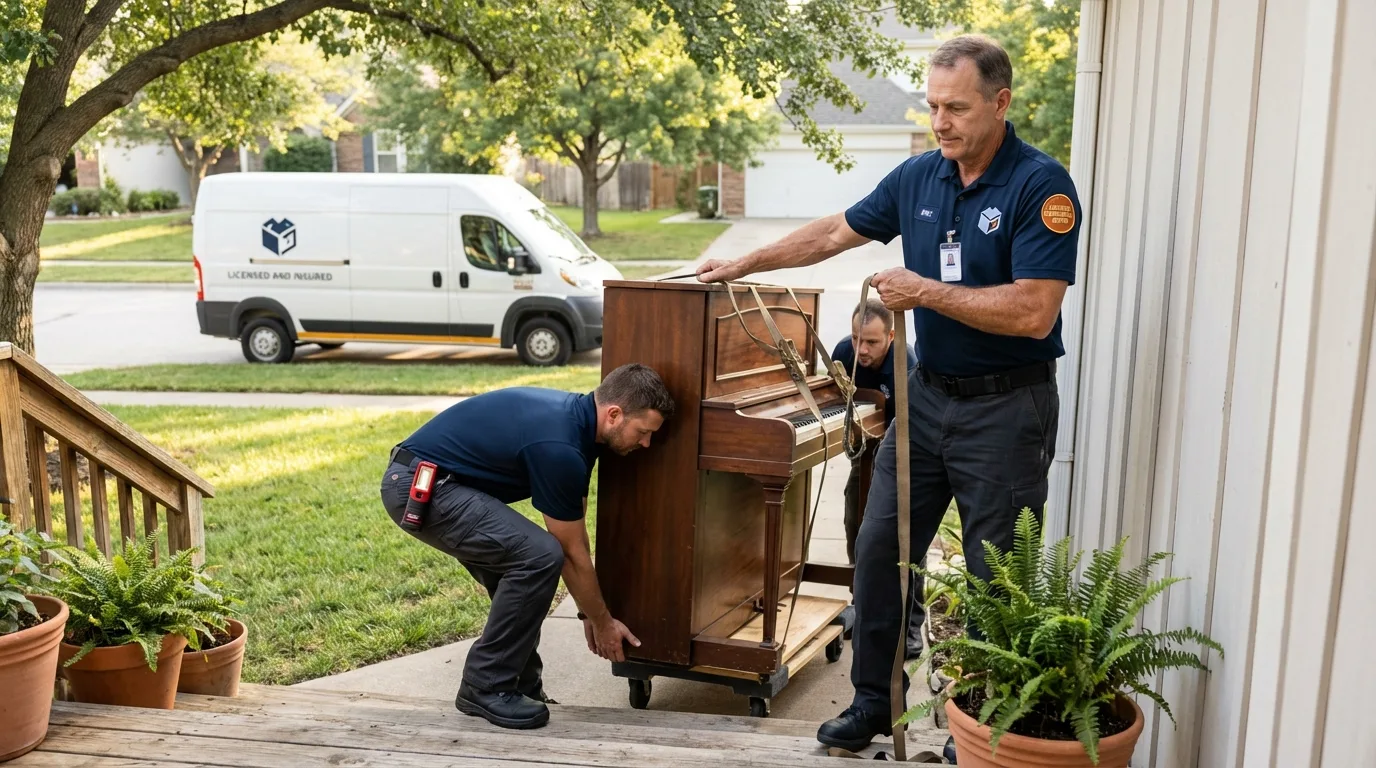 Licensed piano movers securing grand piano in Strasburg, OH