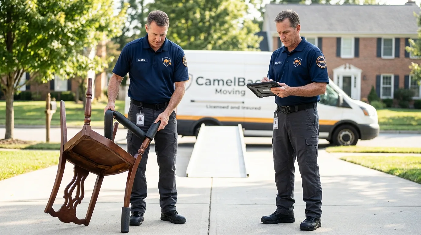 Movers inspecting furniture for damage prevention before loading in Strasburg, OH